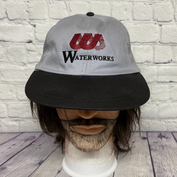 Vintage Waterworks Hat Cap Strap Back Black Gray Embroidered Logo Cotton AJM 90s - Picture 1 of 8